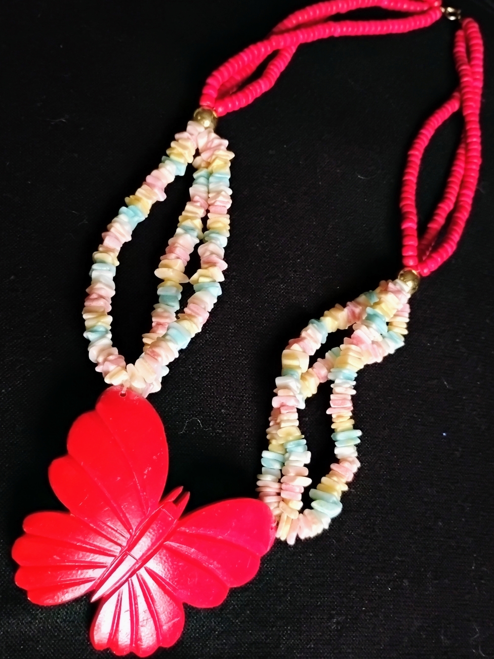 Vintage Butterfly Pendant Multistrand Beaded Necklace